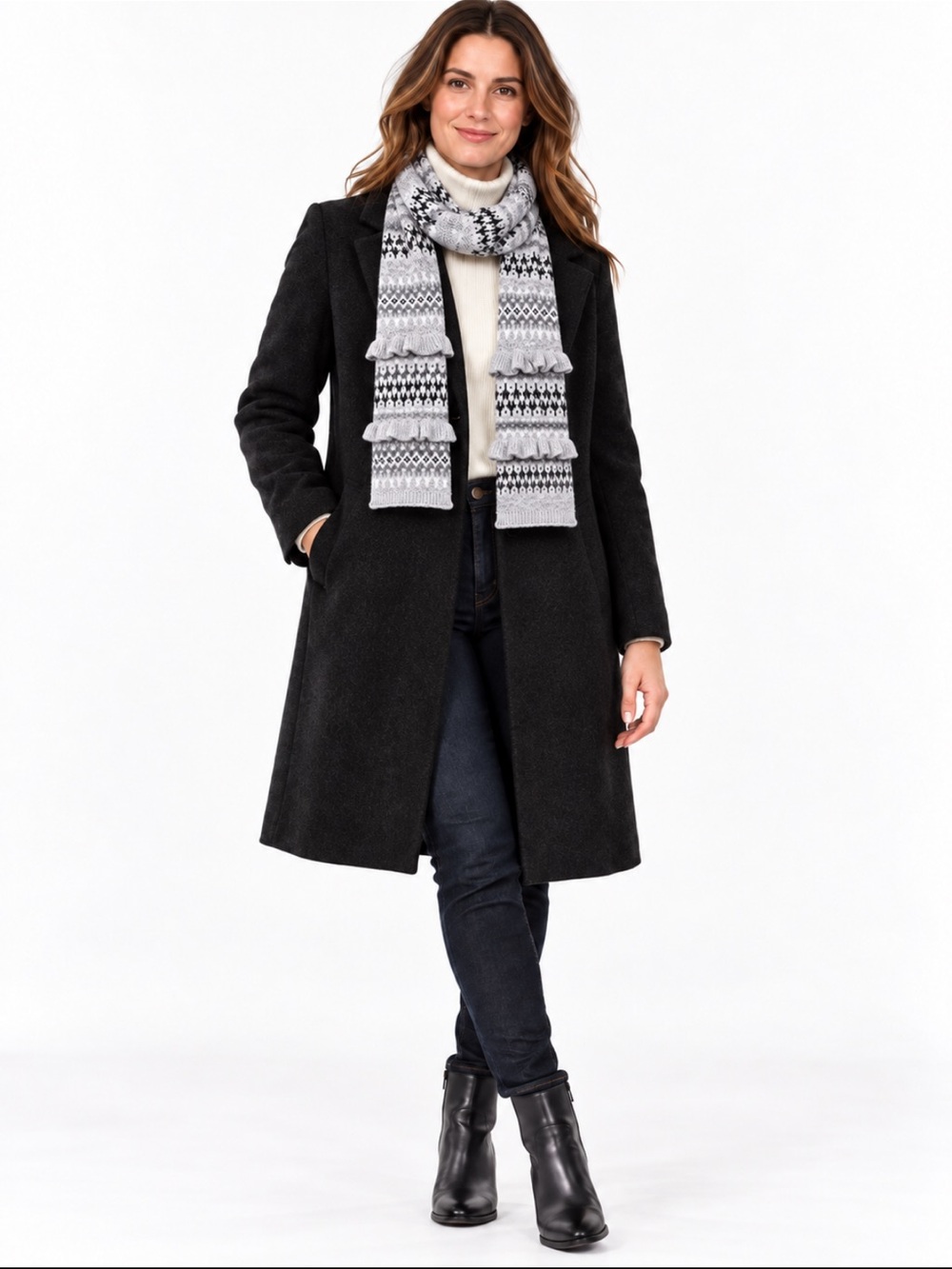 Talbots Fair Isle Lambswool Blend Knit Scarf Gray Black Ruffle Trim OS Fall